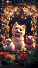 Adorable Pomeranian, Piglet, and Duckling in a Romantic Floral Setting