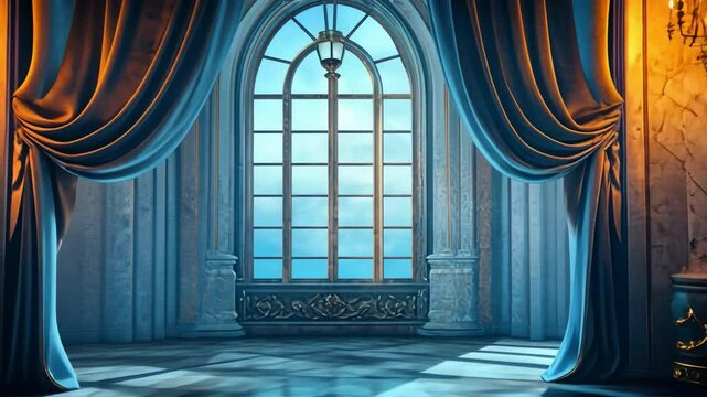 Majestic Gothic Window:  A dramatic, moody scene featuring a large arched Gothic window draped with rich velvet curtains in an elegant, palatial interior. Perfect for fantasy, romance.