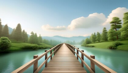 Obraz premium The concept of happiness and new beginnings: Rustic wooden bridge over a tranquil river, starting a serene journey.
