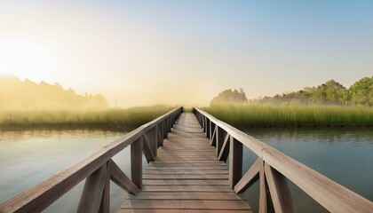 Fototapeta premium The concept of happiness and new beginnings: Rustic wooden bridge over a tranquil river, starting a serene journey.