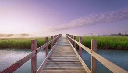 Naklejka premium The concept of happiness and new beginnings: Rustic wooden bridge over a tranquil river, starting a serene journey.