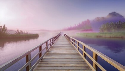 Obraz premium The concept of happiness and new beginnings: Rustic wooden bridge over a tranquil river, starting a serene journey.
