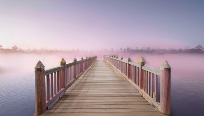 Obraz premium The concept of happiness and new beginnings: Rustic wooden bridge over a tranquil river, starting a serene journey.