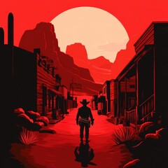 Naklejka premium Lone Cowboy at Sunset in a Red Western Town