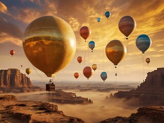 Naklejka premium Golden Hot Air Balloons Soar Over Canyon Mist