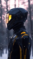 Fototapeta premium Futuristic figure in a snowy forest at dusk