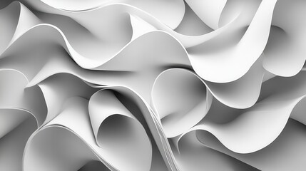 Abstract grayscale image of wavy white paper. Ideal for backgrounds, design, and modern concepts.