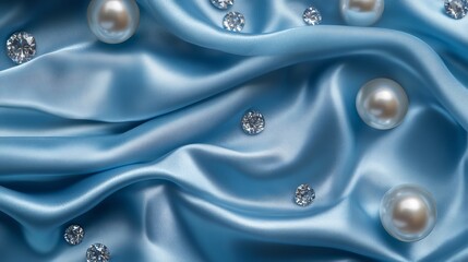 Elegant Pearls and Diamonds on Soft Blue Satin Background for Luxurious Themes