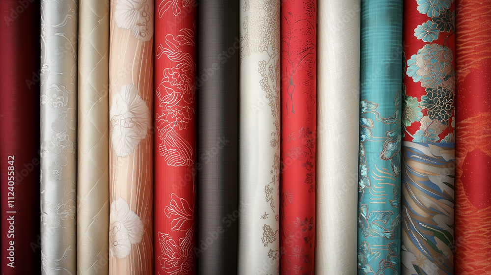 Poster rolled fabric textures: a rich tapestry of colors and patterns in various fabrics, elegantly rolled 
