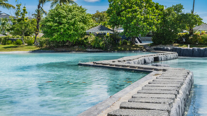 A geometric curved concrete footpath crosses the turquoise swimming pool. On the shore, among the green tropical vegetation, the roofs of cottages and gazebos are visible. The blue sky. Philippines. 