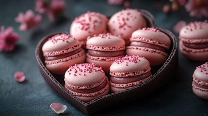 Heart-shaped box with pink macarons and delicate floral decorations, a sweet gift idea for love and romance.