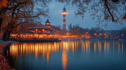 Obraz premium Serene lakeside view at dusk with illuminated buildings and reflections.