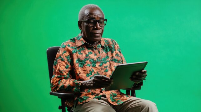 An African senior accessibility consultant testing assistive devices with focus, greenscreen background, full body