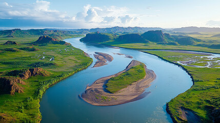 Fototapeta premium serene aerial view of winding river flowing through lush green plains and hills under bright blue sky with scattered clouds, showcasing beauty of nature