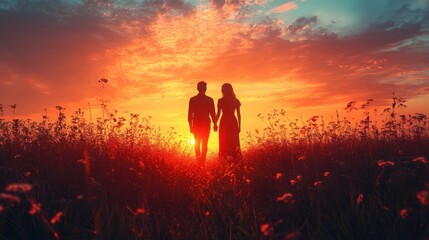 A beautiful silhouette of a couple holding hands against a sunset, evoking feelings of love and serenity.
