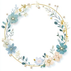 Obraz premium A circular floral frame with gold and pearl accents, pastel flowers and delicate greenery, on a white background