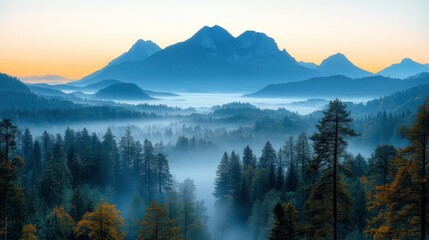 Obraz premium Serene mountain landscape at dawn, enveloped in mist and surrounded by lush forests.