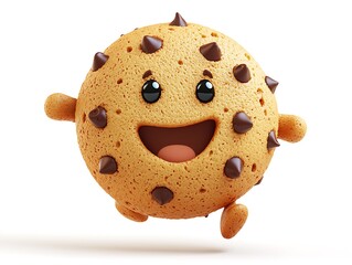 A Joyful Chocolate Chip Cookie Character Leaping Across a White Background Delightful 3D Rendered  Animation