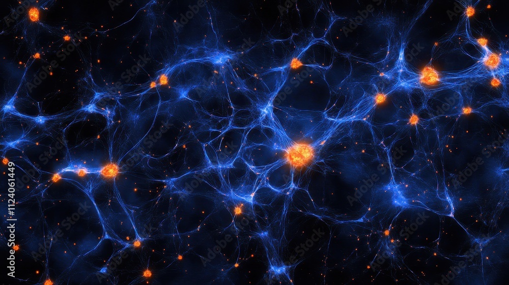 Poster intricate network of glowing blue filaments and orange nodes on a dark background. illustrates compl