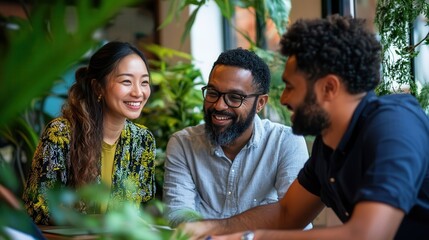 An Asian entrepreneur collaborating with a Hispanic and an African investor on a virtual business meeting