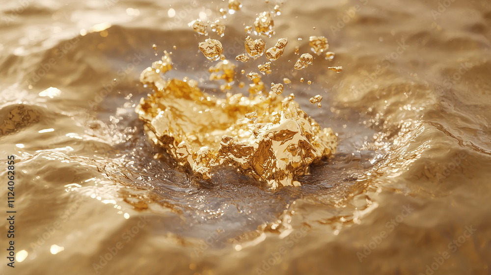 Poster liquid gold: a close-up of a golden liquid splashing into a pool of shimmering water, creating a mes
