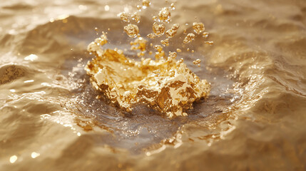 Obraz premium Liquid Gold: A close-up of a golden liquid splashing into a pool of shimmering water, creating a mesmerizing display of textures and reflections. The image evokes a sense of luxury, opulence.