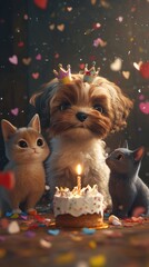 Adorable Pets Celebrating Birthday with Cake and Confetti