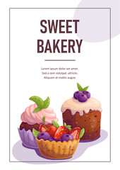 Template with cupcakes and berries for baking party, birthday invitation, flyer, sweet food banner. Space for text. Vector illustration.