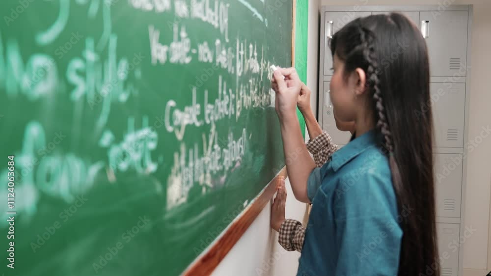 Poster skilled asian girl writing engineering prompt and programing system while standing blackboard with g