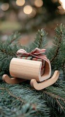 Fototapeta premium Wooden sleigh with a gift on a pine branch