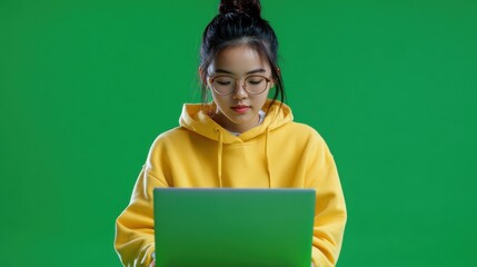 An Asian social media teenager editing videos on a laptop, greenscreen background, full body
