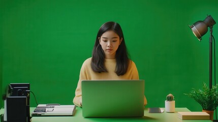 An Asian social media teenager editing videos on a laptop, greenscreen background, full body
