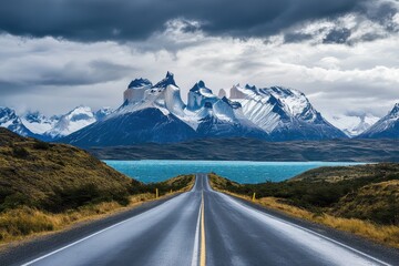 Asphalt road leads to majestic snow-capped mountains beside a tranquil lake under a dramatic sky. Perfect for travel, adventure, and freedom themes; evokes a sense of journey and exploration.