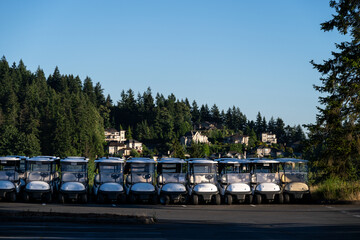 Line up of golf carts parked at the end of golf course parking lot on a sunny summer evening, recreational sports background
