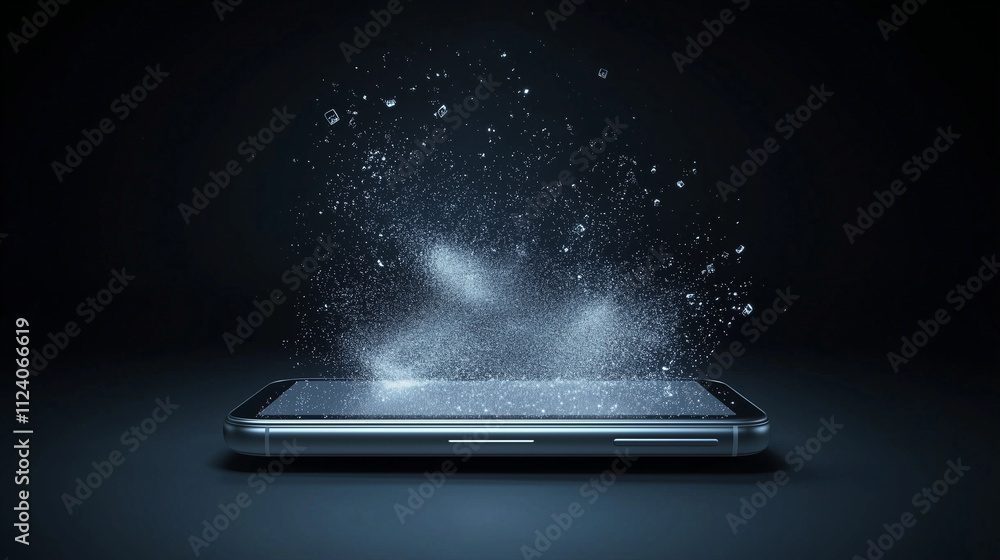 Poster digital dust: smartphone with water droplets exploding from the screen, isolated against a dark back