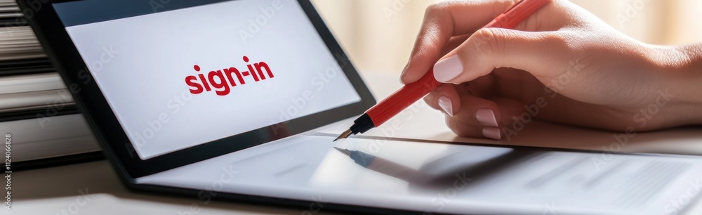 Poster a hand using a red pen on a tablet to sign in, indicating digital interaction.