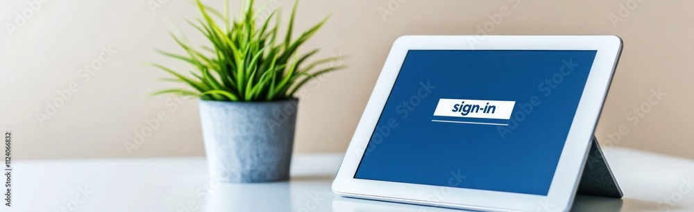 Poster a tablet displaying a login screen next to a potted plant on a desk.