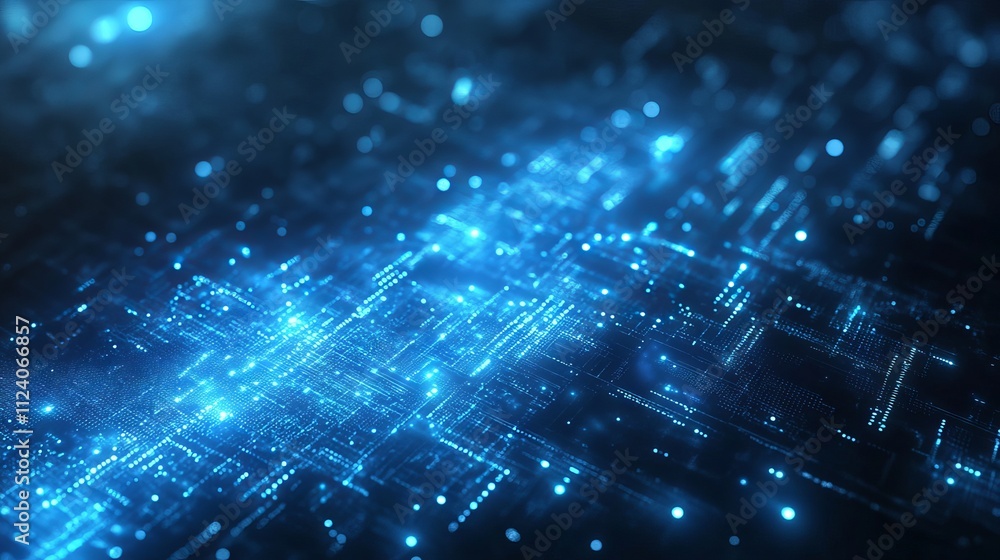 Poster shining blue glowing futuristic technology background with abstract digital wave structures, vibrant