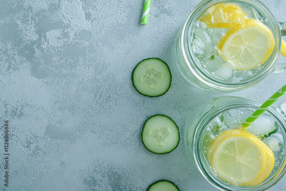 Poster refreshing drinks with lemon and cucumber slices in mason jars, perfect for hydration.