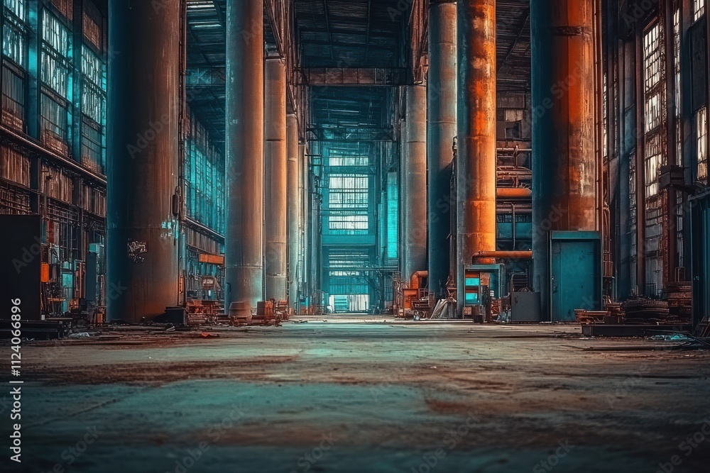 Poster an industrial space with towering pillars and a moody atmosphere.