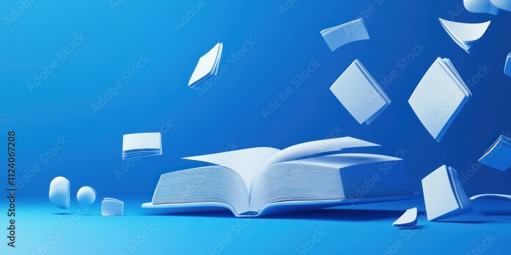 Poster An open book with floating pages against a blue background, symbolizing knowledge and creativity.