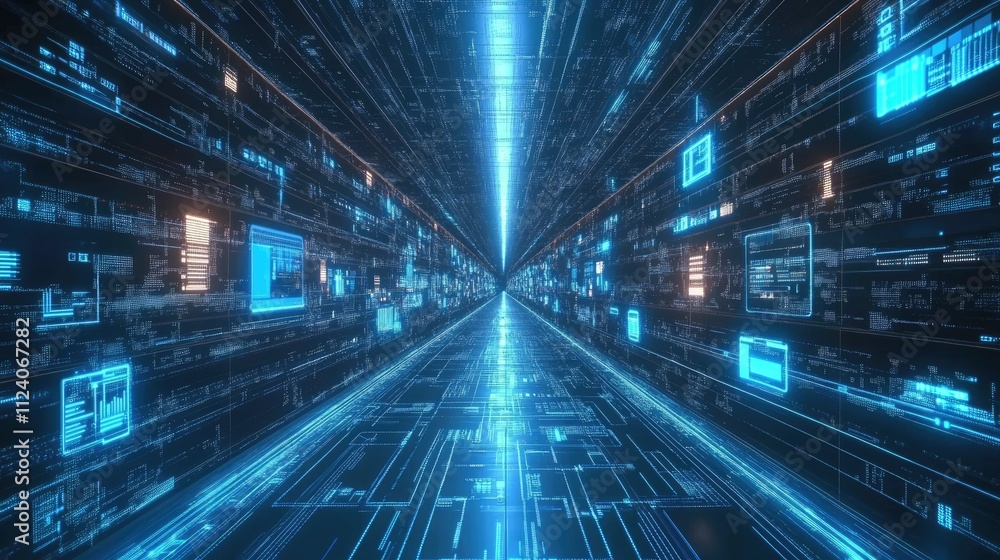 Poster futuristic digital tunnel with bright glowing lines and data streams
