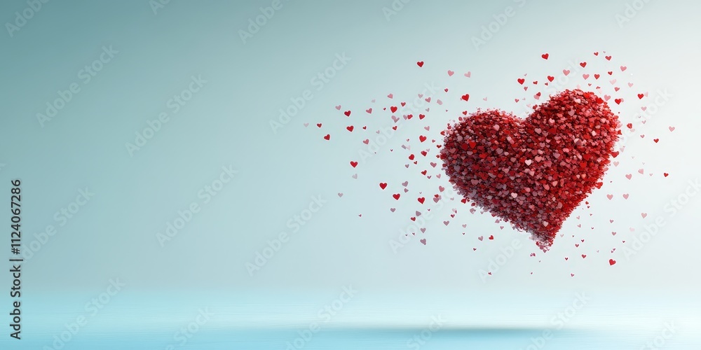 Poster red heart shape made of tiny hearts floating on soft background
