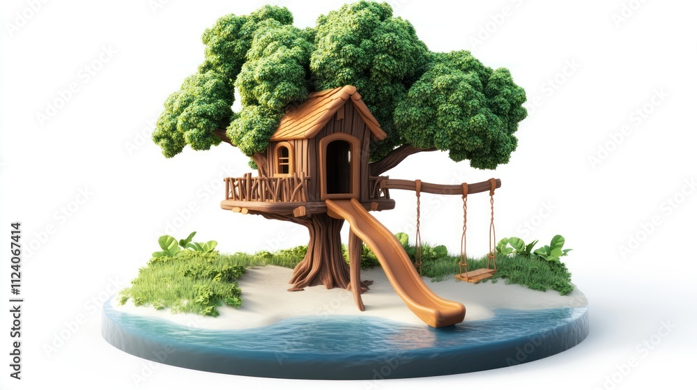 Poster a whimsical treehouse with a slide and swing, set in a lush environment by the water.
