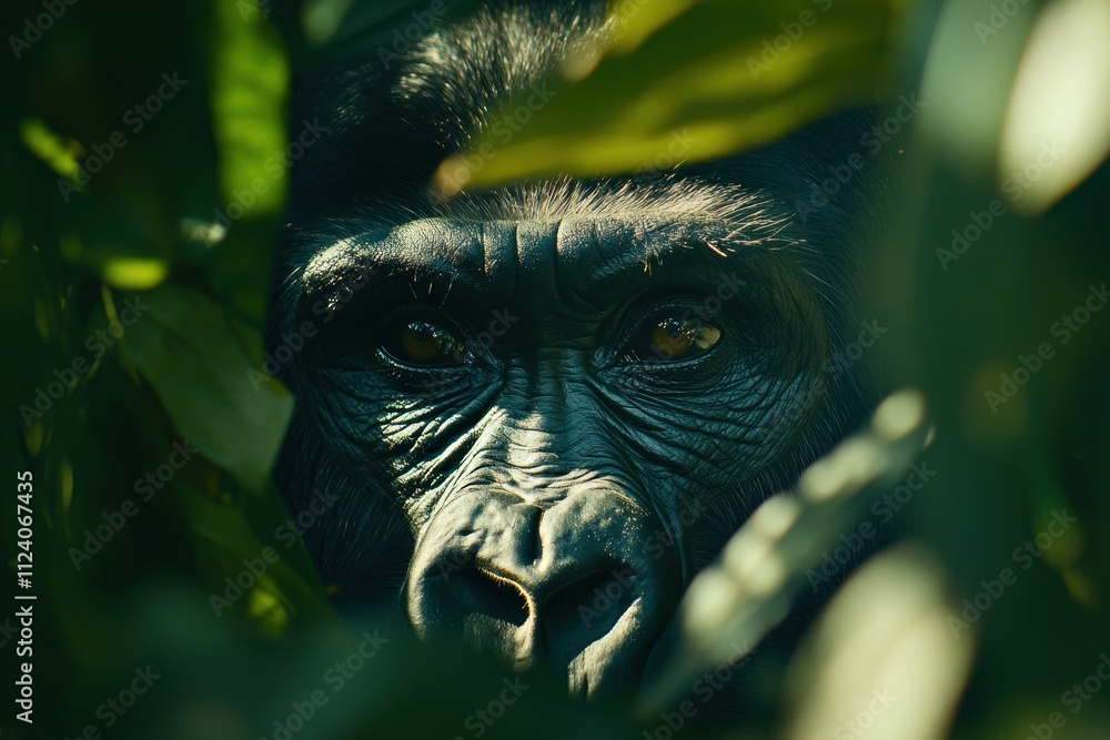 Poster a close-up of a gorilla's face peering through foliage in a natural setting.
