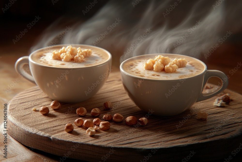 Poster two steaming cups of coffee topped with foam and nuts on a wooden platter.