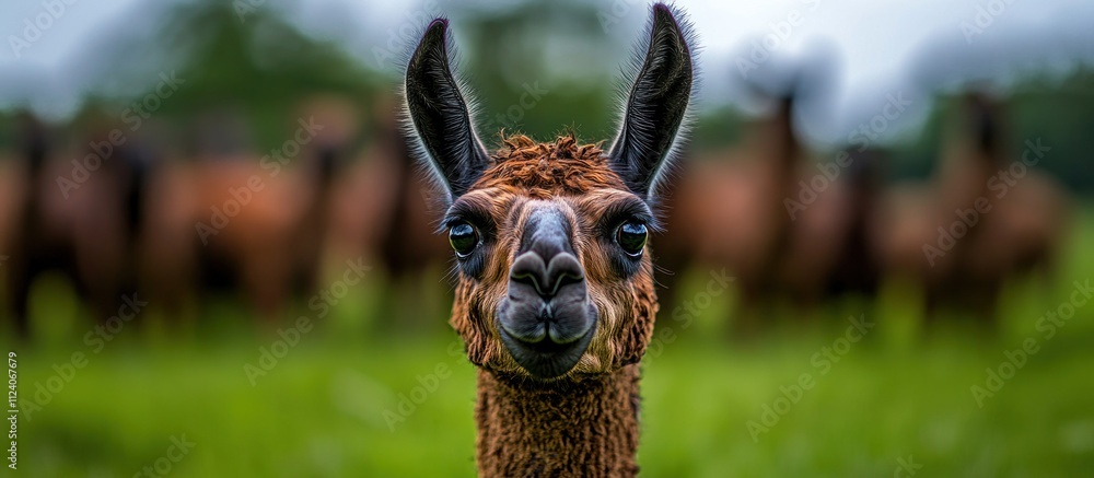 Poster A close-up of a llama with a blurred background of other llamas in a grassy field.