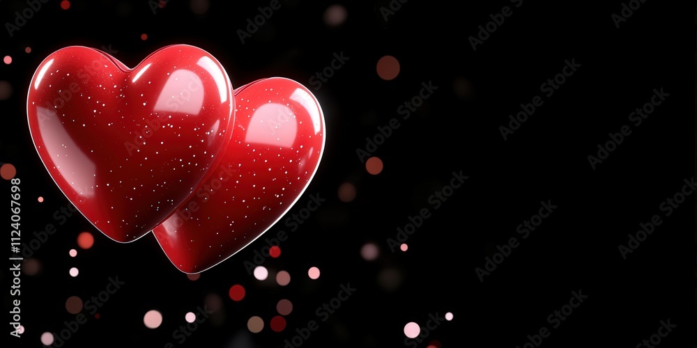 Poster two shiny red hearts with bokeh effect on black background
