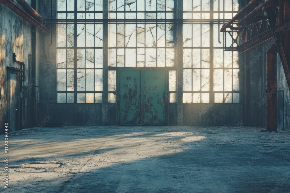 Poster an abandoned industrial space with large windows and a weathered door, illuminated by sunlight.