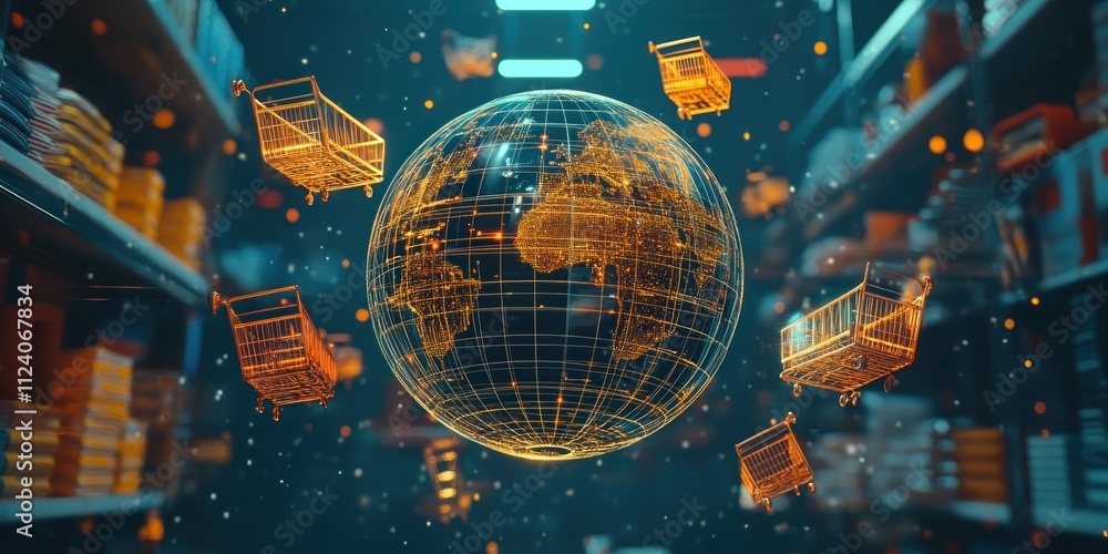 Poster a digital globe surrounded by shopping carts, symbolizing global commerce and e-commerce.